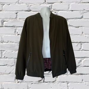 Lentta Plaid Lined Bomber Jacket Olive Green Zip-Up Men’s Large